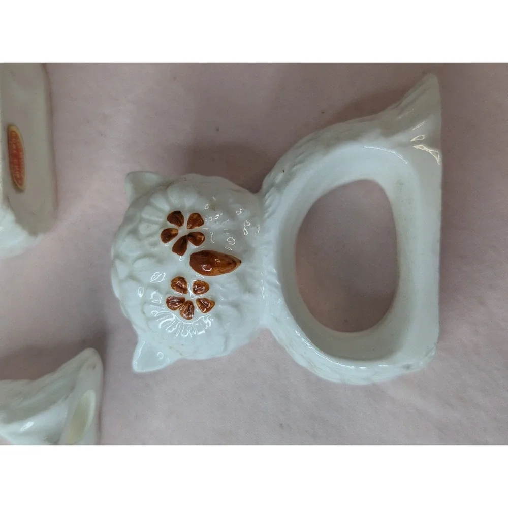 3‎ lot Bone China white brown Owl napkin rings holder tablescape table decor
